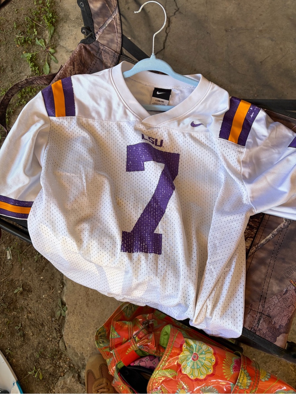 Nike White LSU #7 Youth Football Jersey with Purple and Gold Stripes